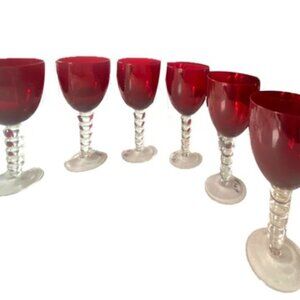 RARE Art Deco Ruby Glass Wine Water Goblets Stack Knob Stems 10 oz VTG Excellent
